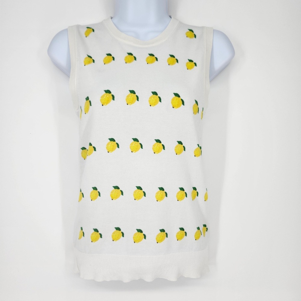 J. Crew White Sleeveless‎ Knit Sweater Vest Lemon Print Womens XS Preppy Summer